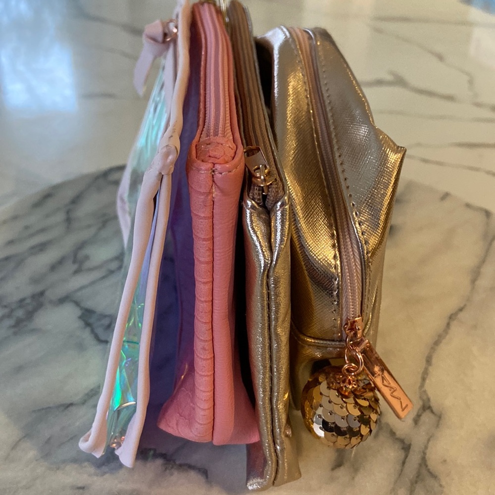 Lot of 4 New Pink/Rose Gold Cosmetic Bags. Great for Travel.
